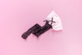 Stockings black female mesh. Pink background. Flat lay Royalty Free Stock Photo