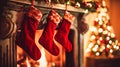 Stockings over the fireplace and Christmas tree, Christmas background. Generative AI Royalty Free Stock Photo