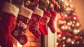 Stockings over the fireplace and Christmas tree, Christmas background. Generative AI Royalty Free Stock Photo