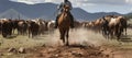 Stockman mustering cattle in a drought affected landscape. Generative AI