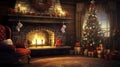 stockphoto, christmas evening, interior of decorated room and fireplace for the holiday. Cosy Christmas interior Royalty Free Stock Photo