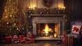 stockphoto, christmas evening, interior of decorated room and fireplace for the holiday. Cosy Christmas interior Royalty Free Stock Photo