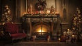 stockphoto, christmas evening, interior of decorated room and fireplace for the holiday. Cosy Christmas interior Royalty Free Stock Photo