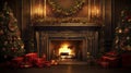 stockphoto, christmas evening, interior of decorated room and fireplace for the holiday. Cosy Christmas interior Royalty Free Stock Photo