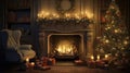 stockphoto, christmas evening, interior of decorated room and fireplace for the holiday. Cosy Christmas interior Royalty Free Stock Photo