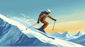 stockphoto, copy space, flat vector illustration, hand drawn, Jumping skier skiing. Extreme winter sports on mountain. Royalty Free Stock Photo