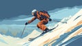 stockphoto, copy space, flat vector illustration, hand drawn, Jumping skier skiing. Extreme winter sports on mountain. Royalty Free Stock Photo