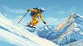 stockphoto, copy space, flat vector illustration, hand drawn, Jumping skier skiing. Extreme winter sports on mountain. Royalty Free Stock Photo