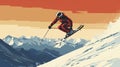 stockphoto, copy space, flat vector illustration, hand drawn, Jumping skier skiing. Extreme winter sports on mountain Royalty Free Stock Photo