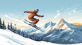 stockphoto, copy space, flat vector illustration, hand drawn, Jumping skier skiing. Extreme winter sports on mountain. Royalty Free Stock Photo
