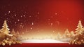 stockphoto, copy space, Gold Christmas and New Year Typographical on red Xmas background with winter landscape with snowflakes