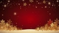 stockphoto, copy space, Gold Christmas and New Year Typographical on red Xmas background with winter landscape with snowflakes