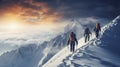stockphoto, copy space, A group of climbers climb the mountains in winter. Healthy winter activities