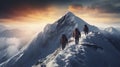 stockphoto, copy space, A group of climbers climb the mountains in winter. Healthy winter activities