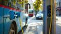 Stockphoto, copy space, modern public transport bus charging on an electric charging point, renewable energy theme.