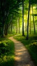StockPhoto Footpath meandering through lush forest, dappled with golden light