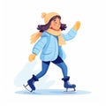 stockphoto, Girl figure ice skating vector flat illustration. Kids winter activities. Child in casual warm clothes playing sport