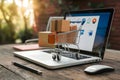 StockPhoto Trolley and box on notebook, e commerce concept, 3D rendering