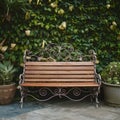 StockPhoto Wooden bench with ornate ironwork provides a charming seating option