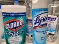 Stockpile of Clorox wipes, Lysol spray, and Purell hand sanitizer in preparation for a COVID-19 coronavirus quarantine