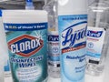 Stockpile of Clorox wipes, Lysol spray, and Purell hand sanitizer in preparation for a COVID-19 coronavirus quarantine