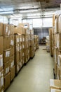 stockroom with cardboard boxes on pallets
