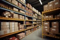 stockroom, with rows of products and boxes on shelves