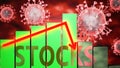 Stocks, Covid-19 virus and economic crisis, symbolized by graph with word Stocks going down to picture that coronavirus affects