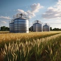 Stocks of grain in granaries. Agriculture, grain deal concept, metal grain storage stands in a field