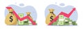 Stocks graph money finance market up down icon vector graphic, financial growth loss chart arrow illustration, currency inflation