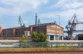 Stocznia Gdanska Gdansk Shipyard, view of the prefabrication workshop and heavy cranes.