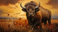 A Stoic Buffalo Standing Against a Prairie Sunset AI Generative