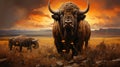 A Stoic Buffalo Standing Against a Prairie Sunset AI Generative