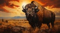 A Stoic Buffalo Standing Against a Prairie Sunset AI Generative