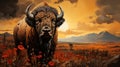 A Stoic Buffalo Standing Against a Prairie Sunset AI Generative