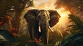 A stoic elephant with a background of dense jungle foliage