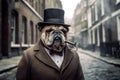 Stoic - looking bulldog, wearing a bowler hat and a three - piece suit, holding a cane and standing on a foggy London street Royalty Free Stock Photo