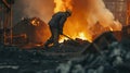 A stoker at a factory collects coal for the furnace with a shovel Royalty Free Stock Photo