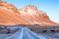 Stokksnes at sunset in winter, Iceland. Stokksnes is a headland on the southeastern Icelandic coast, near Hofn and Hornafjordur