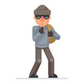 Stole bag money silence finger evil greedily thief cartoon rogue bulgar character flat design isolated vector Royalty Free Stock Photo