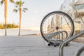 Stolen bicycle, Chained bicycle wheel, front wheel locked Royalty Free Stock Photo