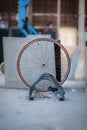 Stolen bicycle, Chained bicycle wheel, front wheel locked Royalty Free Stock Photo