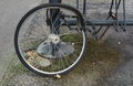 Stolen bicyle wheel still locked at stand Royalty Free Stock Photo