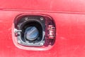 Stolen or broken and missing fuel tank cover for damaged car petrol or diesel fueling supply