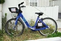 Stolen and vandalized with graffiti Citi Bike rental bicycle parked outside New York City home.