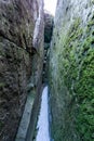 Stolowe Mountains National Park. Path in Rock Labyrinth hiking trail Bledne Skaly. Errant Rocks in Sudetes Mountains near Kudowa-