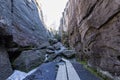 Stolowe Mountains National Park. Path in Rock Labyrinth hiking trail Bledne Skaly. Errant Rocks in Sudetes Mountains near Kudowa-