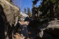 Stolowe Mountains National Park. Path in Rock Labyrinth hiking trail Bledne Skaly. Errant Rocks in Sudetes Mountains near Kudowa-