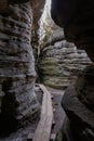 Stolowe Mountains National Park. Path in Rock Labyrinth hiking trail Bledne Skaly. Errant Rocks in Sudetes Mountains near Kudowa-