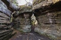 Stolowe Mountains National Park. Path in Rock Labyrinth hiking trail Bledne Skaly. Errant Rocks in Sudetes Mountains near Kudowa-